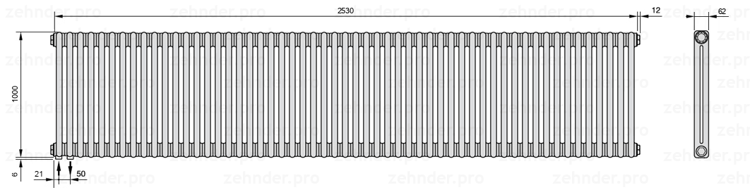 Схема (чертеж) Радиатор Zehnder Charleston 2100/55 №3370 Белый глянцевый RAL 9016